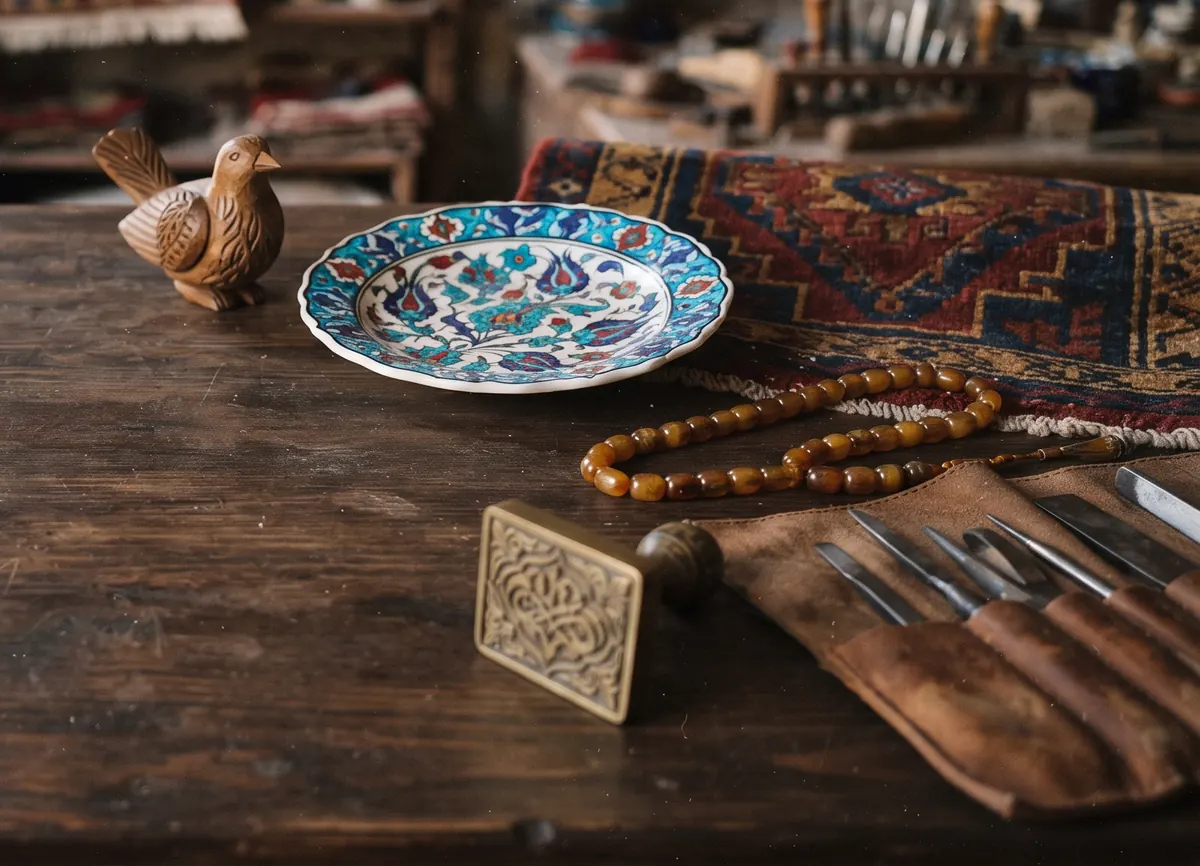 Ahşap oyma, çini, kilim ve tesbihin bulunduğu bir el sanatları atölyesi masası